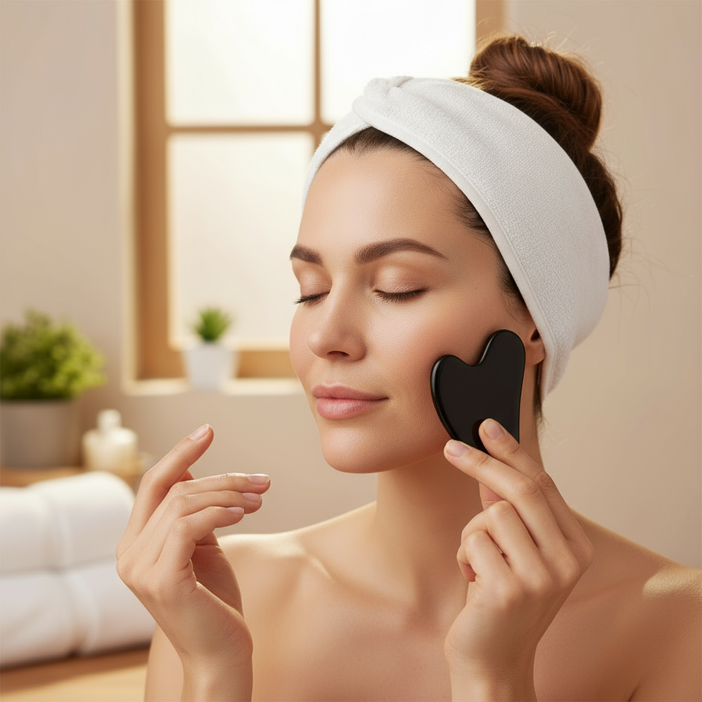 FUIYOOCEN Gua Sha Facial Tools 2 Pack Natural Jade Guasha Tool for FaceDouble Chin & Jawline Gua Sha Stone Self-Skin Care Face Stone Gua Sha Tools for Women Guasha Stone Black and Pink