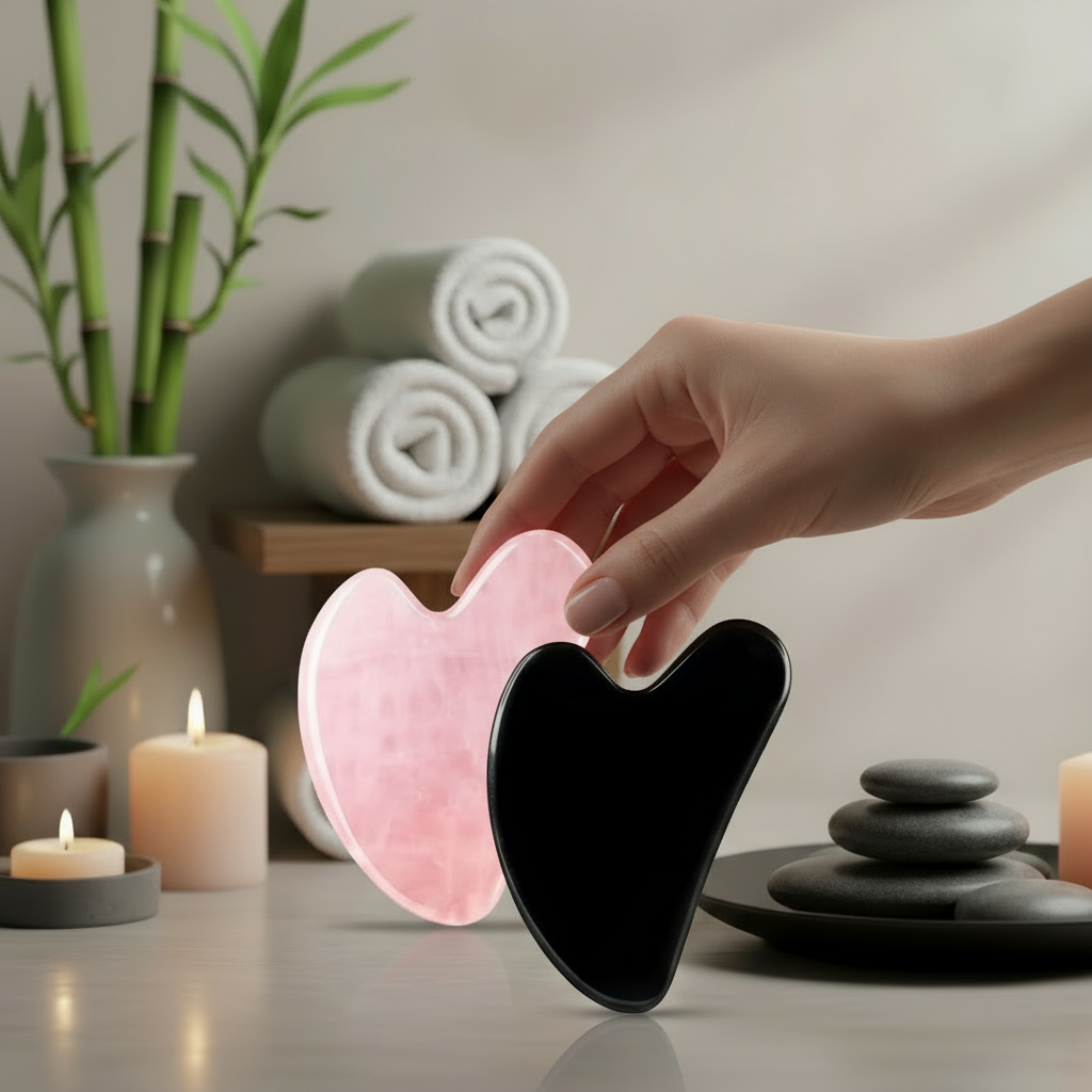 FUIYOOCEN Gua Sha Facial Tools 2 Pack Natural Jade Guasha Tool for FaceDouble Chin & Jawline Gua Sha Stone Self-Skin Care Face Stone Gua Sha Tools for Women Guasha Stone Black and Pink